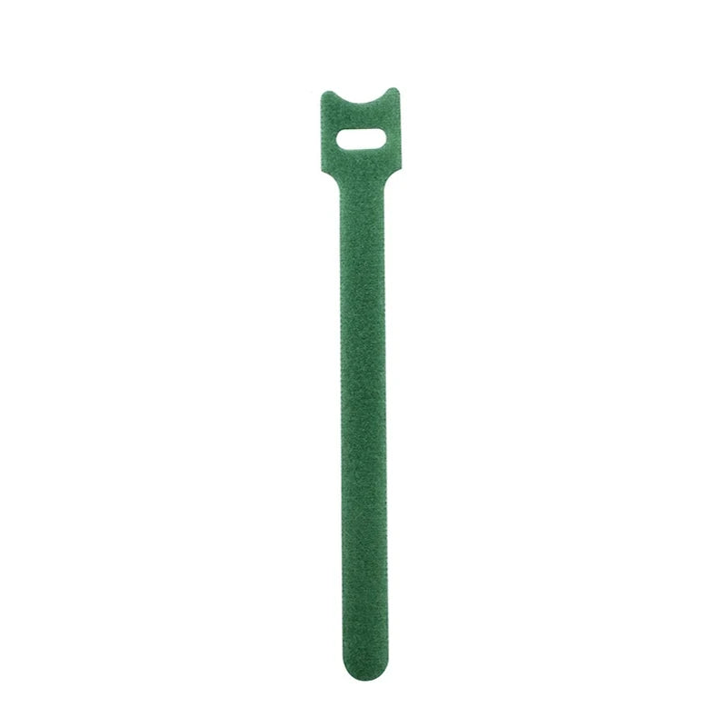 A green reusable nylon cable organizer tie with a loop at the top.