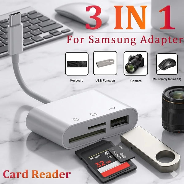 A white 3-in-1 adapter featuring a keyboard, USB function, camera, and card reader for Samsung devices.