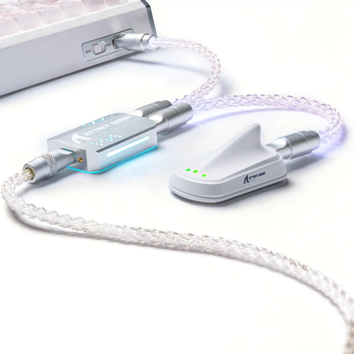 An RGB gaming keyboard cable with dual Type-C ports and a white connector is shown coiled on a white background.