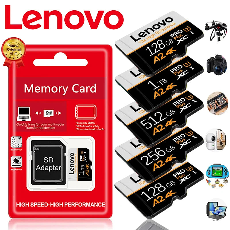 Embalaje rojo para un adaptador de tarjeta de memoria Lenovo con opciones de tarjeta SD y TB