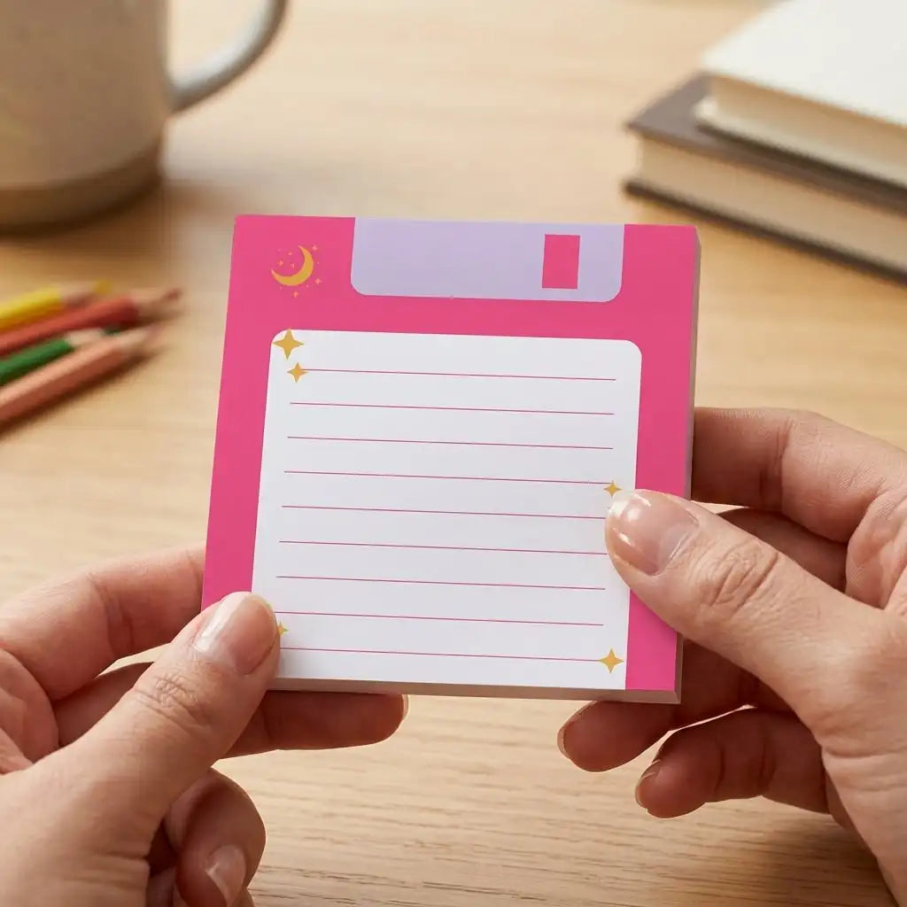 A pink sticky note with a crescent moon design is held in a person's hand on a wooden surface.