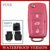 A pink realistic fake car key hidden safe with a secret compartment shown in a close-up view.