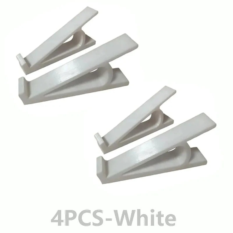 Four white adjustable keyboard tray riser pieces for ergonomic typing