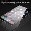 A clear tempered glass screen protector is shown being applied to an iPad screen, emphasizing high transparency.