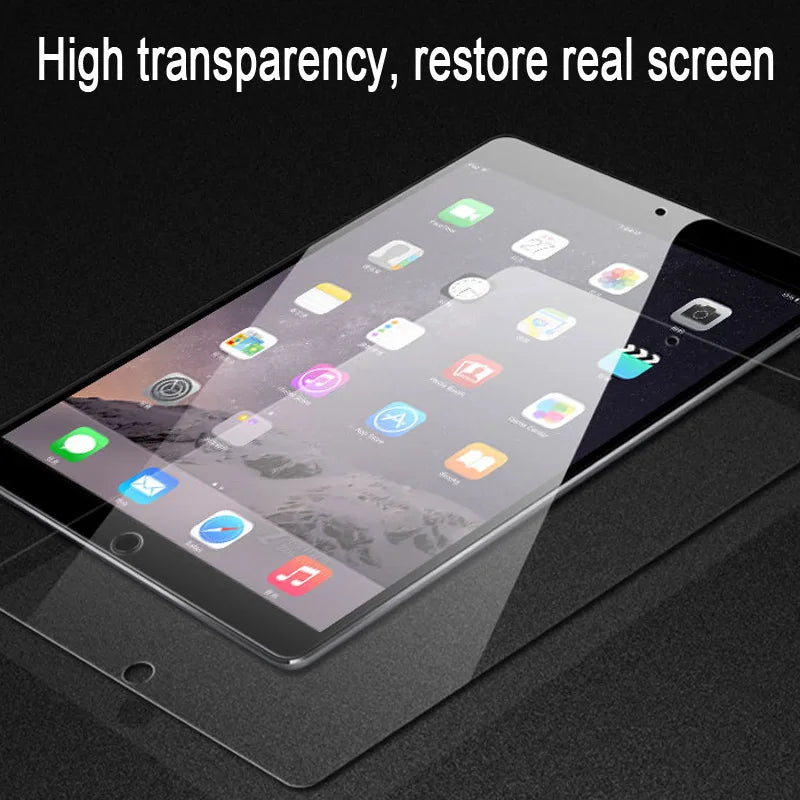 A clear tempered glass screen protector is shown being applied to an iPad screen, emphasizing high transparency.