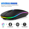Schwarze kabellose Maus mit farbigem Lichteffekt, LED, Bluetooth, 2.4G-Konnektivität und wiederaufladbarer Akku.