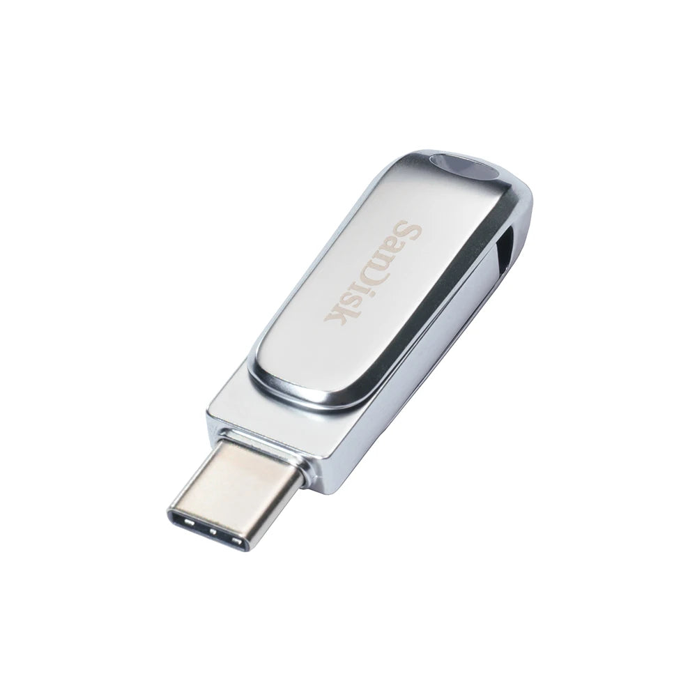 Silver metal USB flash drive with a removable connector and the Sandisk logo visible on the body.