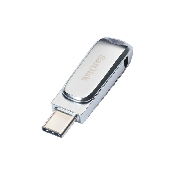 Silver metal USB flash drive with a removable connector and the Sandisk logo visible on the body.