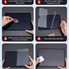 Installationsanleitung, die Schritte zur Anbringung eines gehärteten Displayschutzes auf ein iPad zeigt.