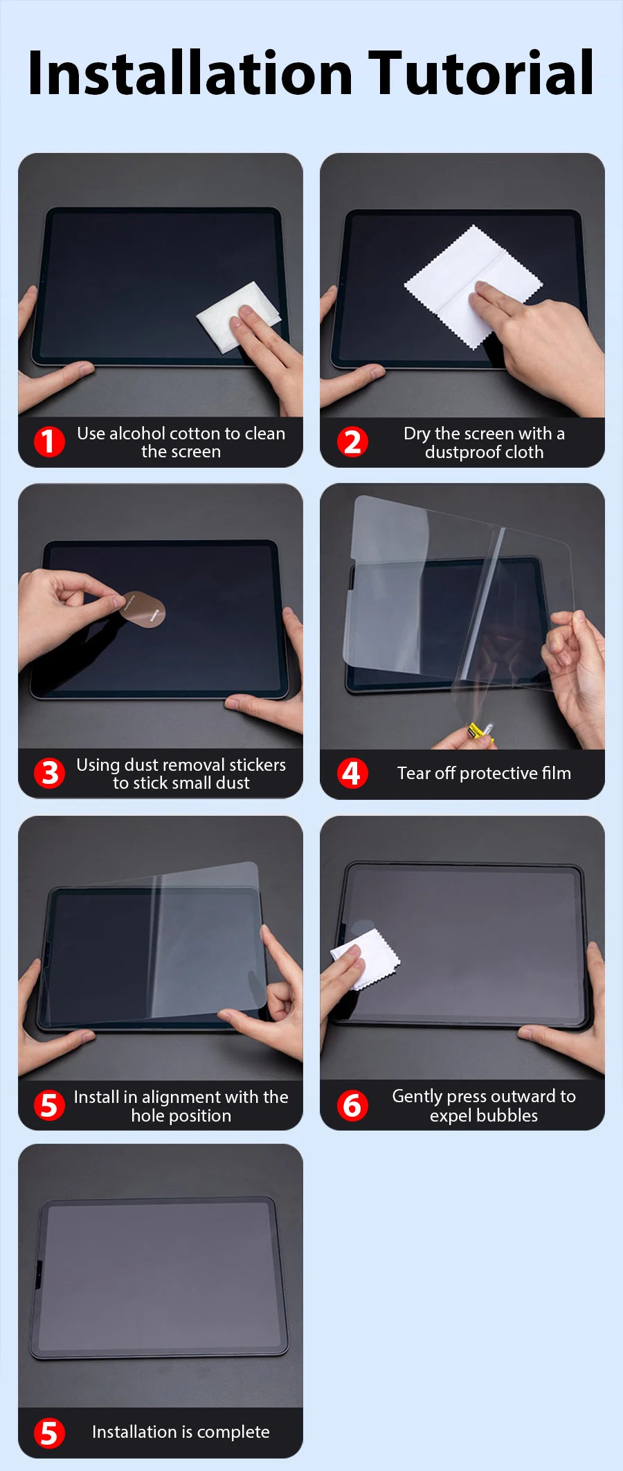 Installationsanleitung, die Schritte zur Anbringung eines gehärteten Displayschutzes auf ein iPad zeigt.