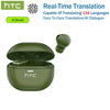 A pair of olive green HTC AI Translation Bluetooth earbuds shown next to their charging case.