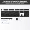 A close-up view of 127 low profile keycaps for a mechanical gaming keyboard with MX switches.