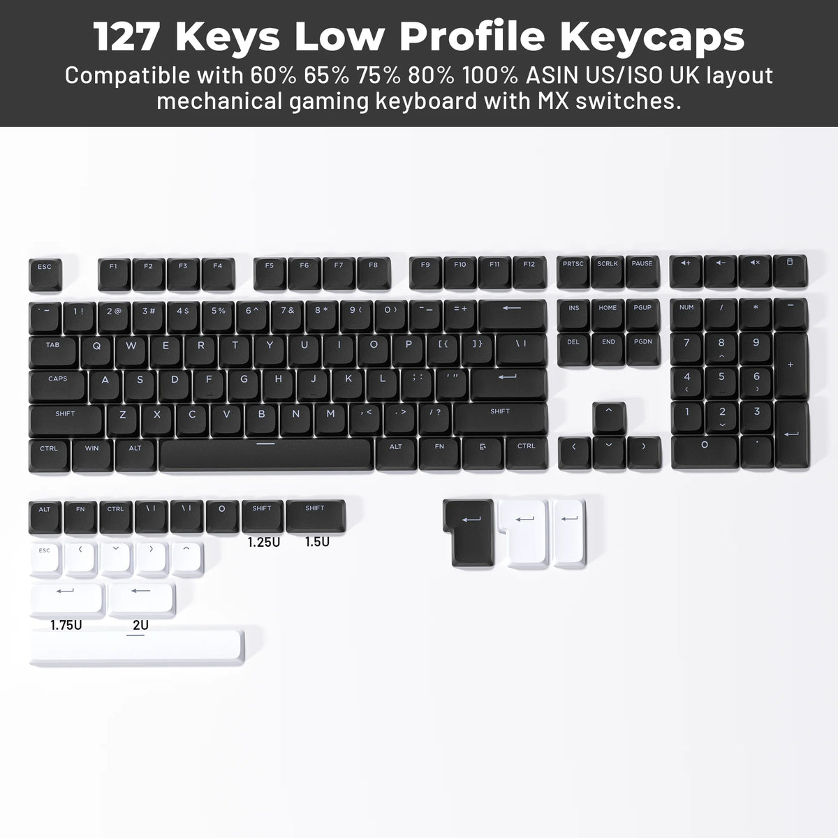 A close-up view of 127 low profile keycaps for a mechanical gaming keyboard with MX switches.
