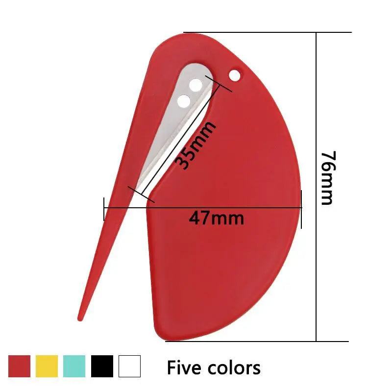 A red letter opener with a silver blade shown in profile and dimensions.
