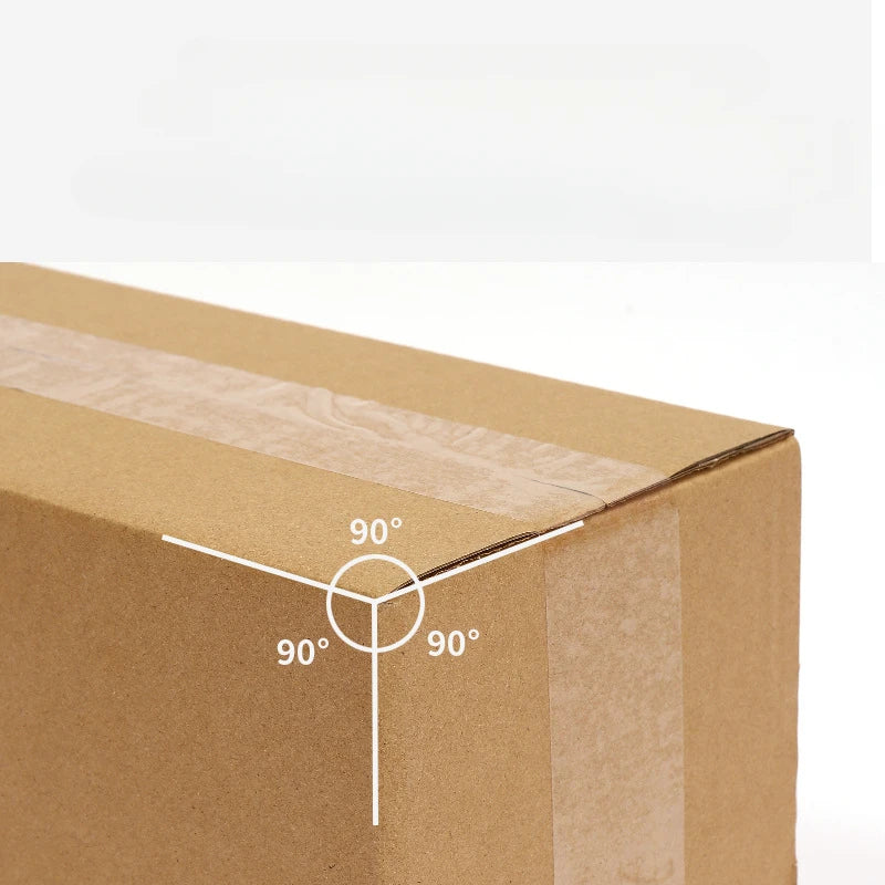 A brown cardboard shipping box with white lines indicating a 90-degree angle for packing.