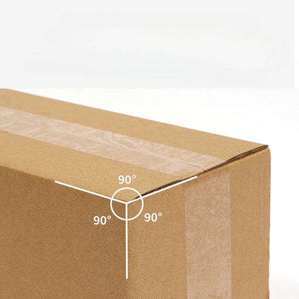 A brown cardboard shipping box with white lines indicating a 90-degree angle for packing.