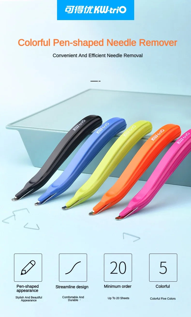 Colorful pen-shaped needle remover tool with various colors displayed on a light background.