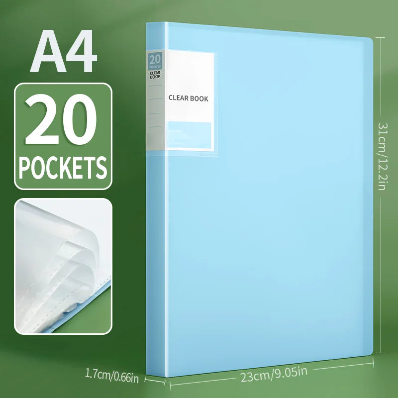 A4 clear book with 20 pockets shown next to a ruler for size reference.