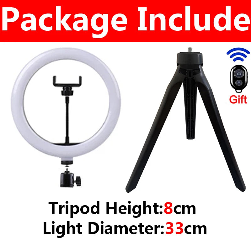 A black LED ring light with a white ring and tripod stand is shown, along with a separate light head.