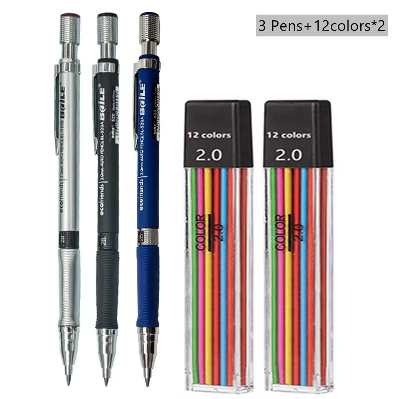 A set of three mechanical pencils with 2.0mm lead and twelve colored pencils.