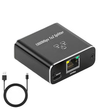 A black 1000Mbps 1x2 splitter device with an Ethernet port and a DC5V input jack.