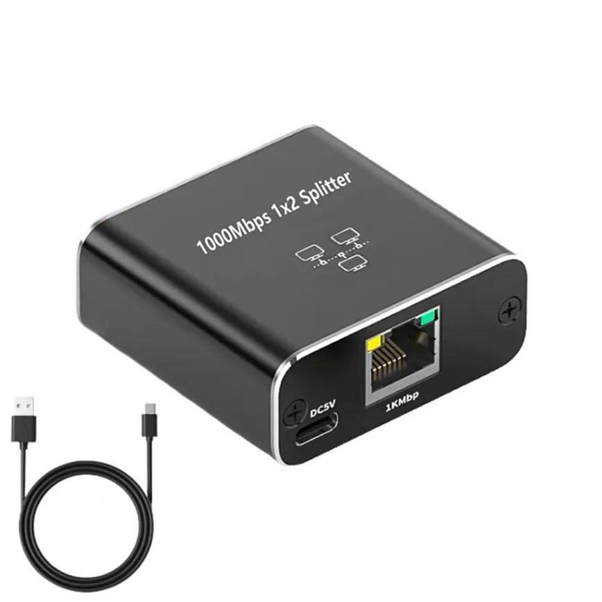 Divisor (splitter) negro de 1000Mbps 1x2 con puerto Ethernet y jack de entrada DC5V.