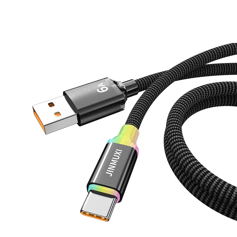 A close-up view of a black USB-C fast charging cable with a braided jacket and a JINMUXI connector.