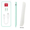 A light green precision stylus pen and its magnetic cap are shown with accessories.