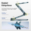 A metallic foldable joint demonstrating stability and various angles for a phone or tablet stand.
