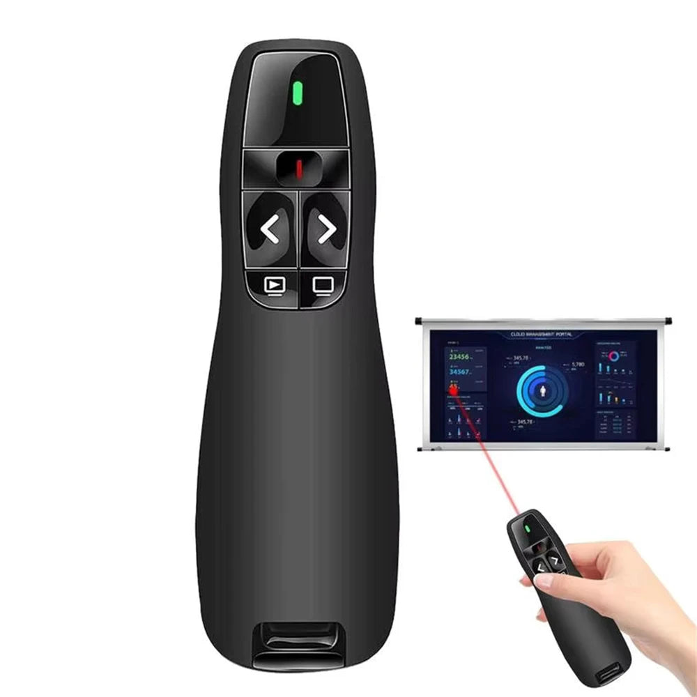 A black presentation pen pointer device with a red light remote and a display screen.