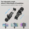 A versatile metal phone mount shown in various angles and with different sized phones.