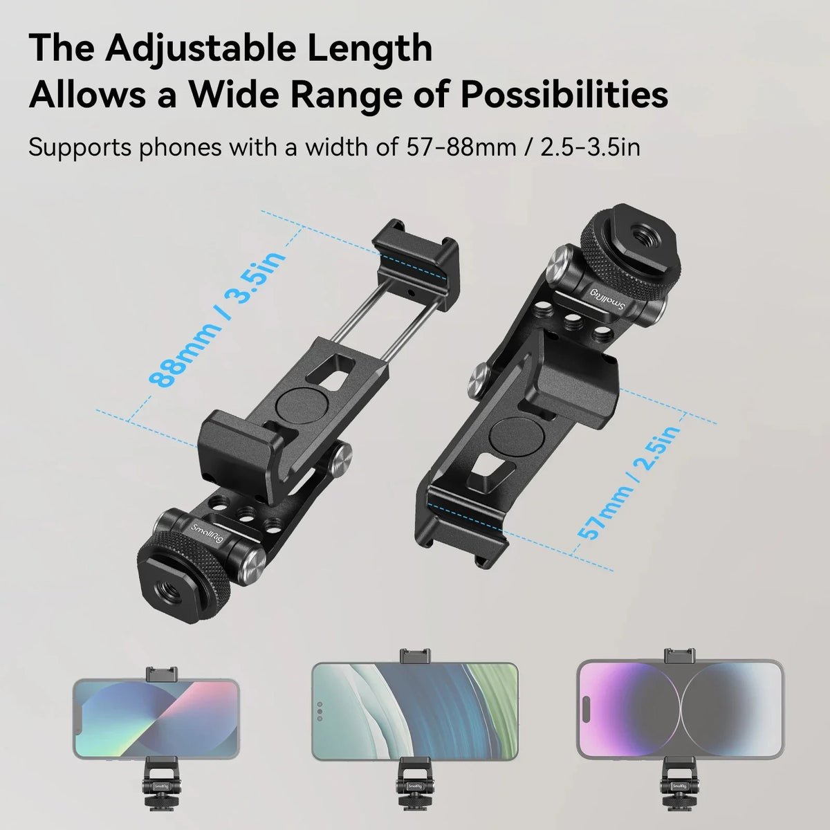 A versatile metal phone mount shown in various angles and with different sized phones.