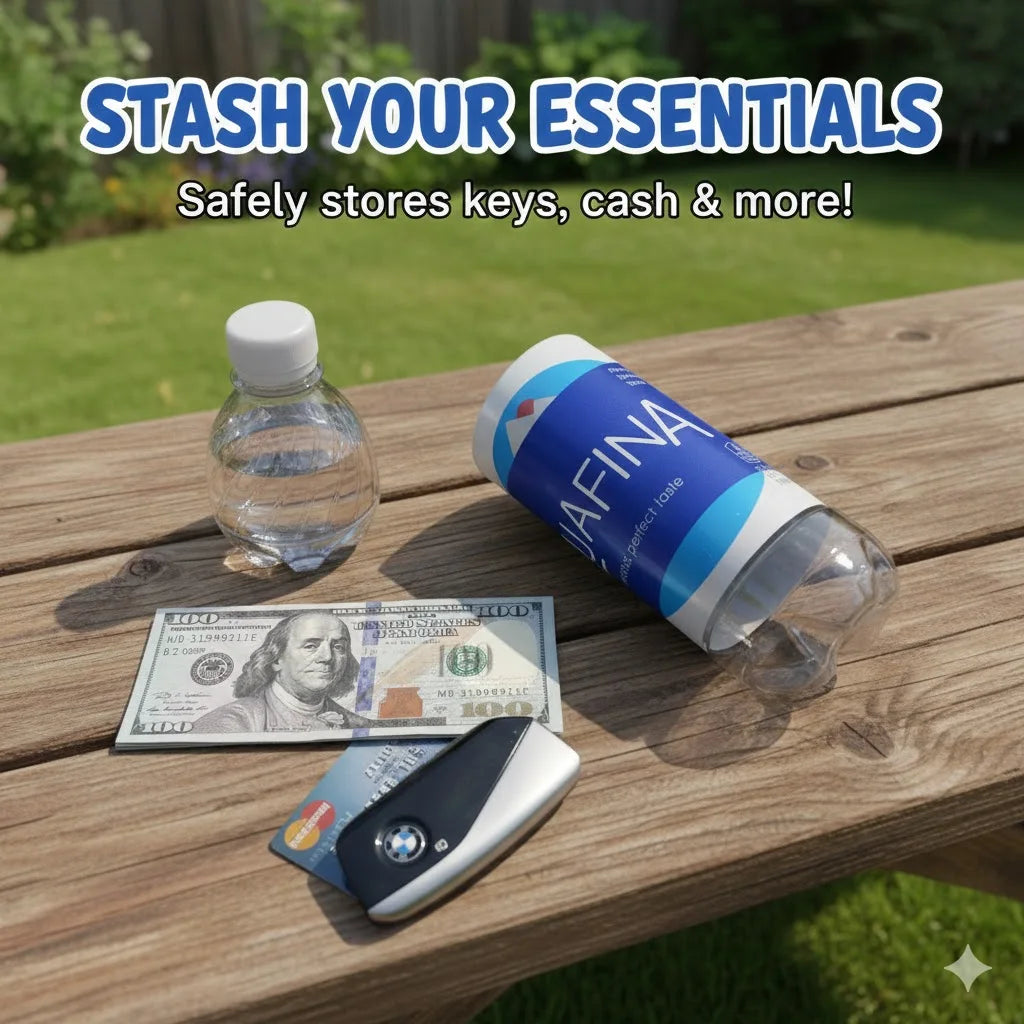 A clear water bottle, a tube labeled AFINA, and a stack of cash are displayed on a wooden surface.