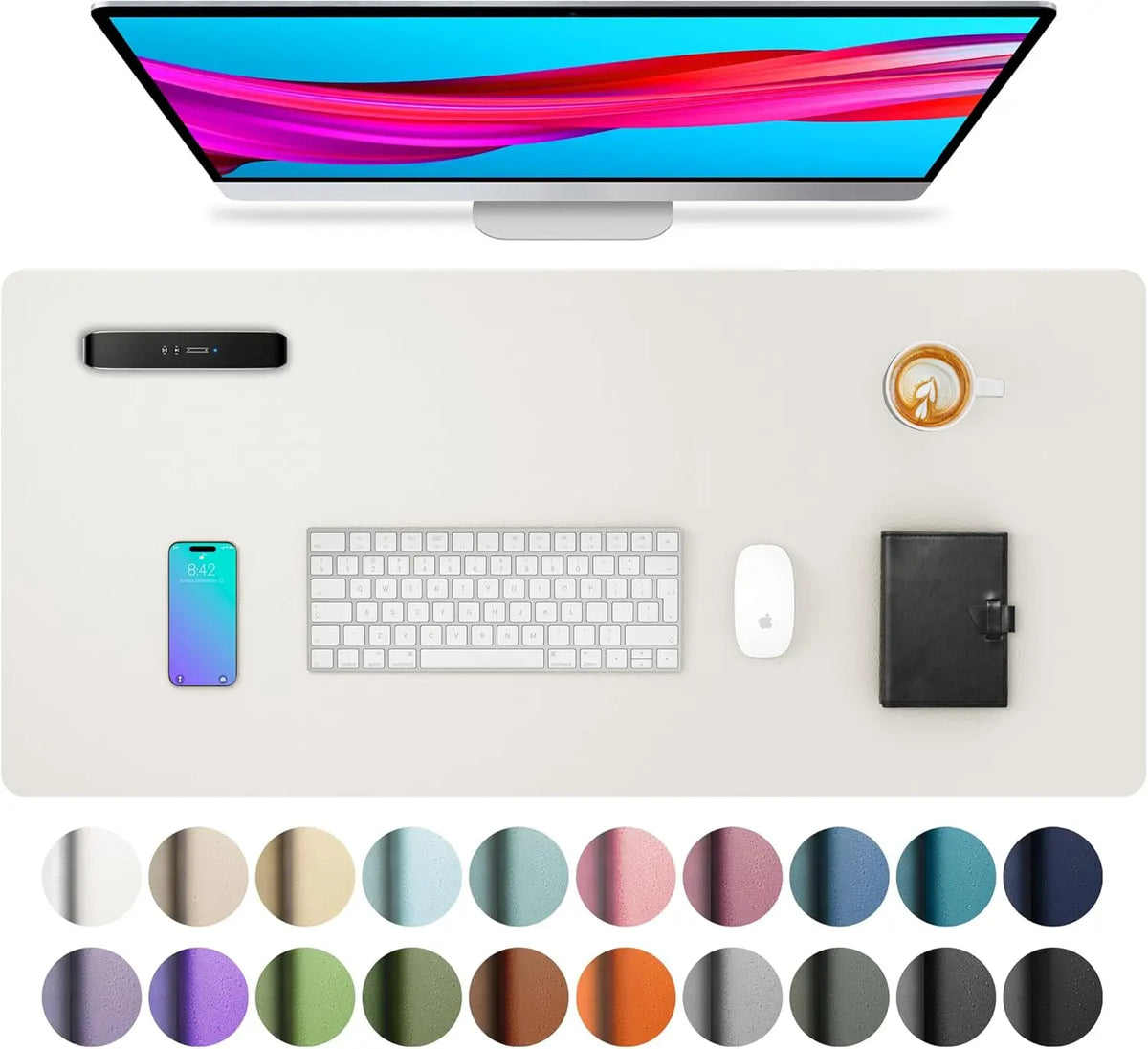 A large PU leather desk mat is shown with a laptop, keyboard, mouse, and a coffee cup on a light surface.