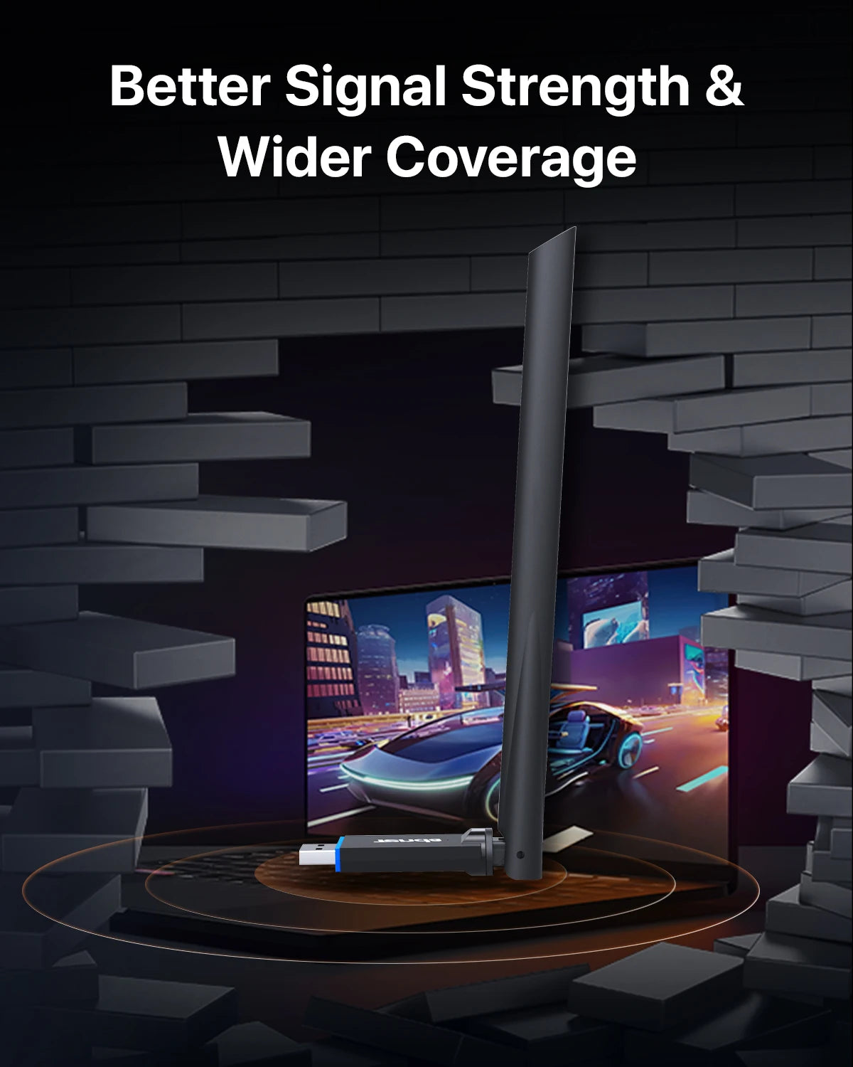 A black high-performance Wi-Fi adapter is shown in a brick wall context, demonstrating better signal strength and wider cover