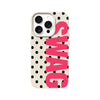 A pink and black polka dot soft TPU phone case featuring the word SWAG printed on the back.