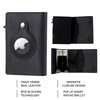 A black leather wallet featuring an Apple logo accent, RFID blocking technology, and a magnetic closure design.