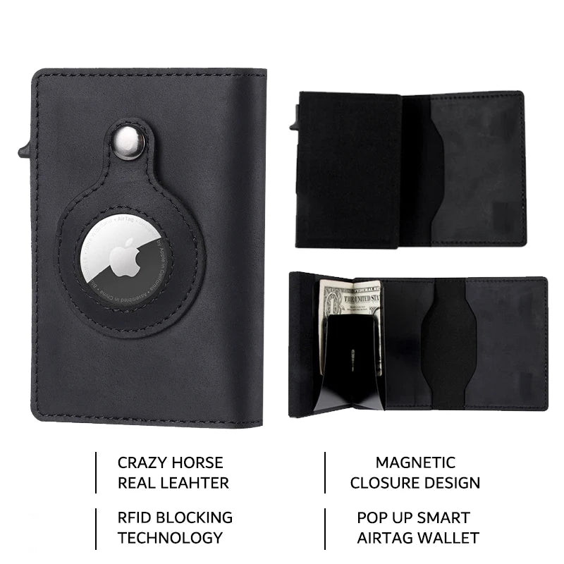 A black leather wallet featuring an Apple logo accent, RFID blocking technology, and a magnetic closure design.