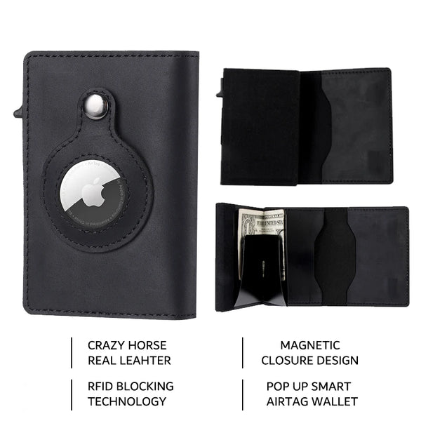 A black leather wallet featuring an Apple logo accent, RFID blocking technology, and a magnetic closure design.