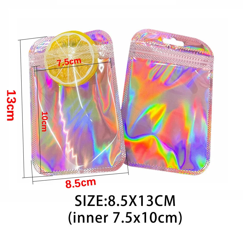 Iridescent self-sealing jewelry pouches with a resealable zip lock featuring a lemon slice display.