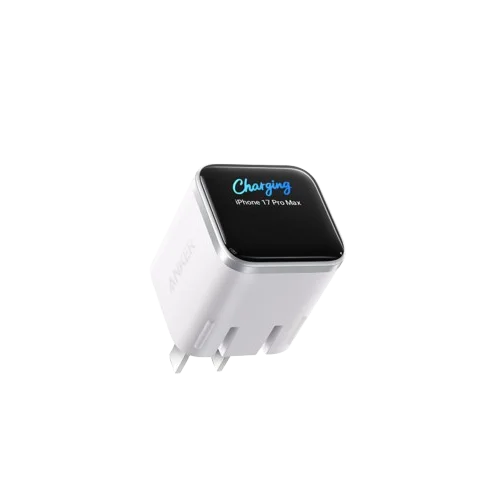 A white charging adapter for an iPhone 17 Pro Max, showing the charging indicator.