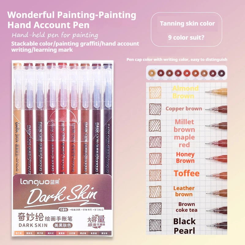 A set of ten dark skin colored hand-held paint pens for painting and writing