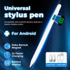 A white stylus pen with a battery display screen and magnetic tip, shown next to accessories for Android devices.