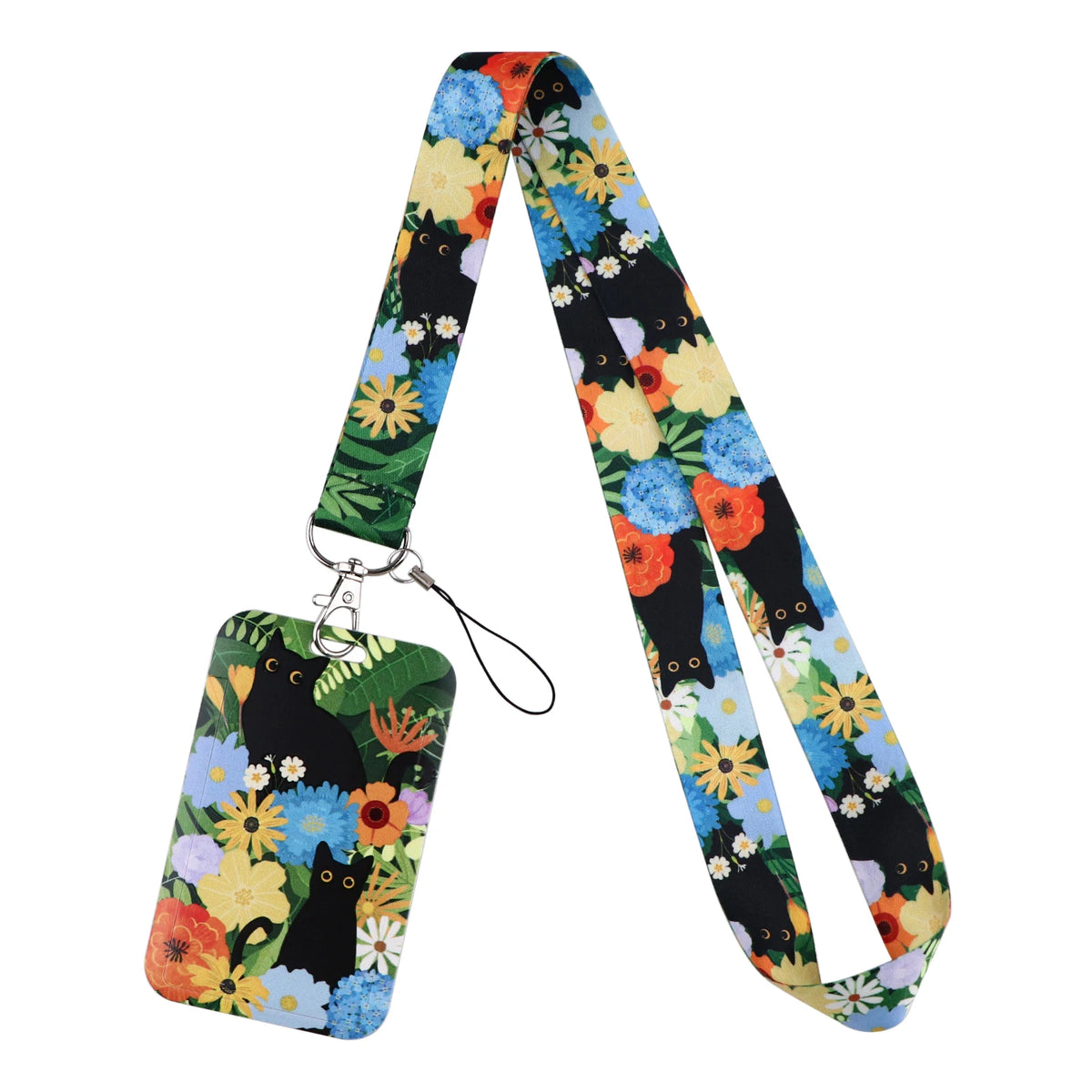 A colorful floral pattern card holder lanyard featuring cartoon cats and flowers on a fabric strap.
