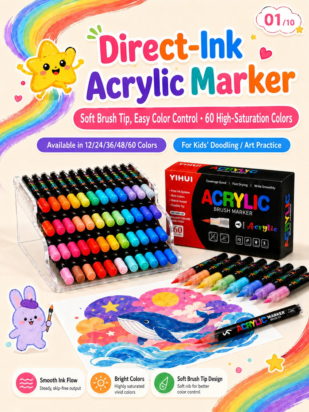 A set of Direct-Ink Acrylic Markers with 60 colors displayed in a clear plastic case for art practice