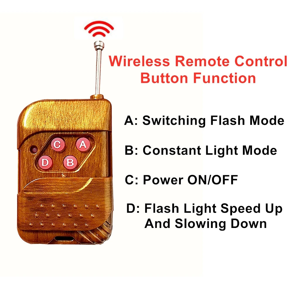 A wooden remote control featuring buttons for switching flash mode, constant light mode, power on/off, and adjusting flash li