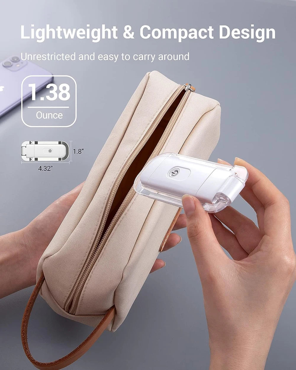 A beige fabric pouch containing a white LED book reading light, shown being held by hands.