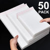 A stack of 50 self-sealing pearl film bubble shipping bags is being held by a hand.