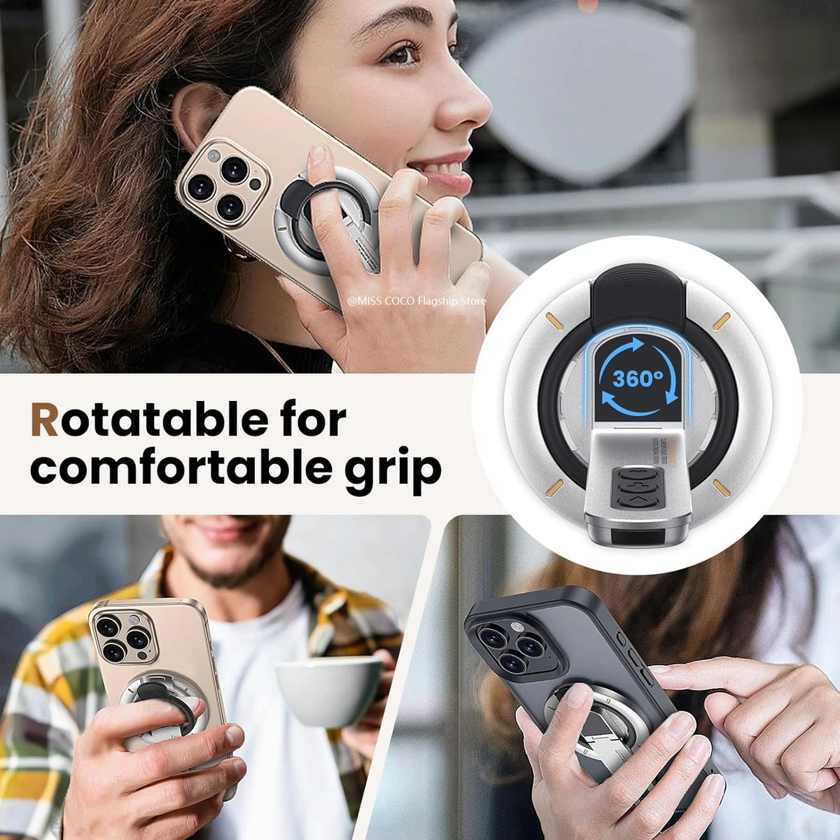 A woman holds a smartphone with a magnetic ring holder attached, demonstrating the rotatable grip feature.