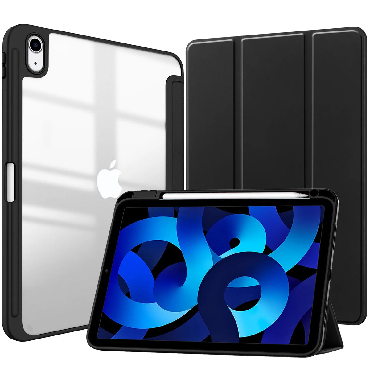 A black protective case and a black folio cover for an Apple iPad are shown.